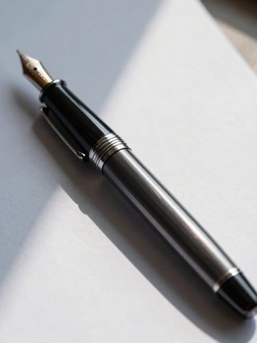 A close-up of a high-end fountain pen resting on heavy bond paper with sharp architectural shadows, cool overcast daylight.