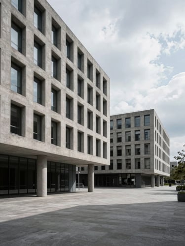 Cool, overcast daylight shot of modern brutalist concrete corporate architecture, sharp geometric shadows, wide perspective with negative space.