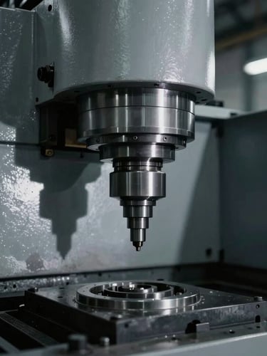 Close-up of high-precision industrial milling machinery, dramatic shadows, cool-toned overhead warehouse lighting, sharp focus, desaturated metallic tones, 35mm