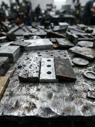 Macro detail shot of desaturated metallic raw material swatches on a heavy steel workbench, sharp focus, industrial documentary style, cool warehouse light