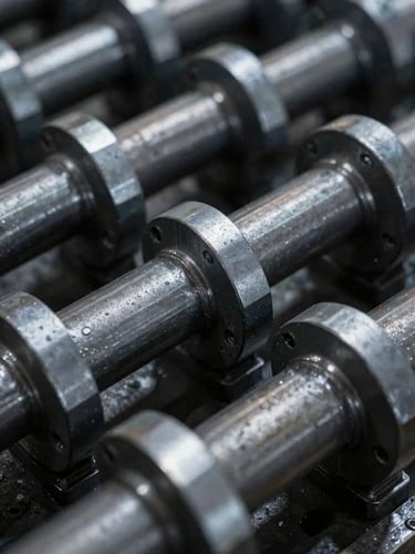 Macro close-up of desaturated steel industrial machinery parts, sharp focus, dramatic shadows, cool warehouse lighting.