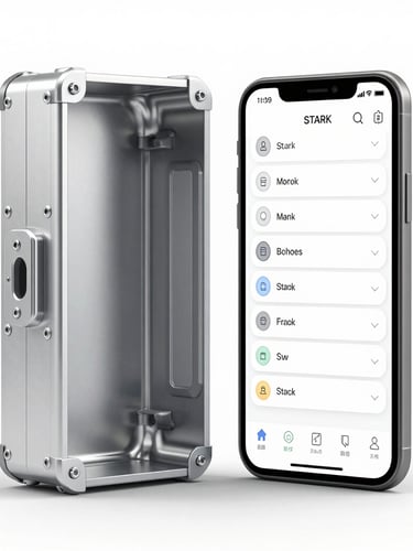 Stark orthographic studio render of an industrial aluminum casing next to a high-contrast mobile interface wireframe, clean clinical lighting, white background, high focus.