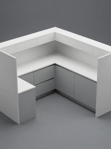 Straight-on orthographic projection of a modular kitchen layout, clean white lines on a grey technical background, clinical studio lighting.