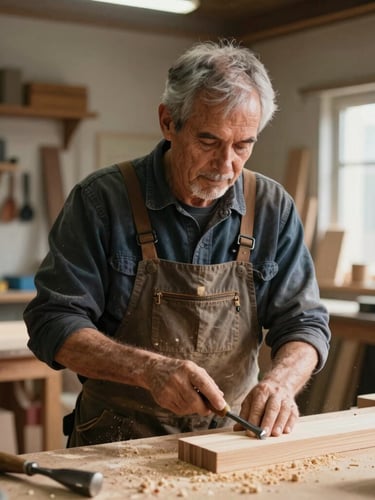 Medium environmental portrait of a local woodworker in a sunlit shop, holding a chisel, sawdust on the workbench.