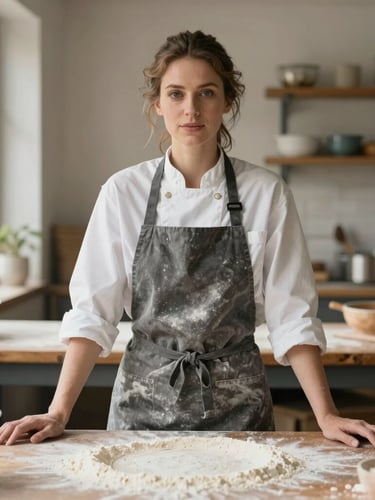 Medium environmental portrait of a female baker in a flour-dusted apron, standing proudly behind a rustic wooden counter in natural morning light.