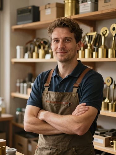 A medium environmental portrait of a local shopkeeper inside a warm, sunlit hardware store, surrounded by wooden shelves of brass tools, soft natural daylight, authentic atmosphere.