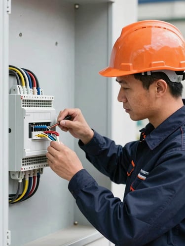 Close-up of a professional electrical engineer in a clean, branded uniform making a precise connection on a consumer unit, sharp commercial photography, bright high-contrast daylight, deep navy and crisp orange tones, clean architectural focus, 35mm