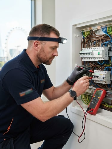 Professional electrician in branded uniform diagnosing a modern consumer unit, sharp focus, high-contrast, bright work-light, London backdrop blurred