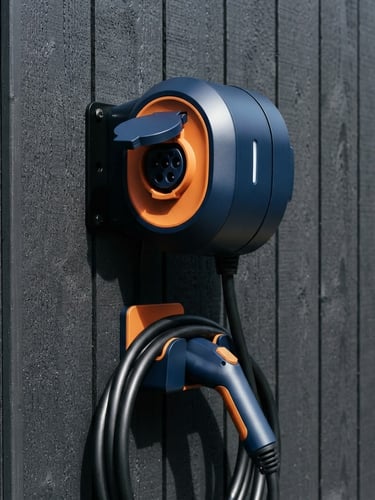 High-contrast close-up of a sleek, modern EV charger installation on a dark exterior wall, sharp commercial photography, bright high-contrast daylight, deep navy and crisp orange tones, clean architectural focus, 35mm