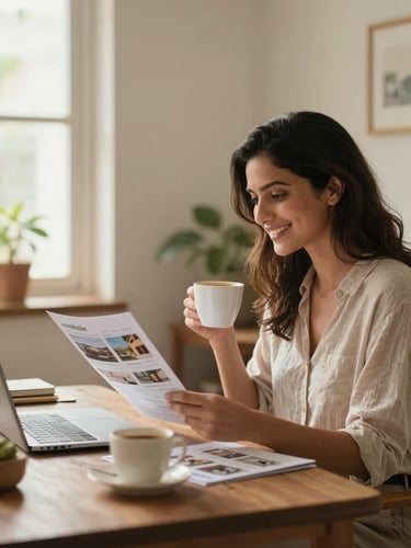 A bright, sunlit Mumbai home office with a woman smiling, reviewing property brochures over coffee.