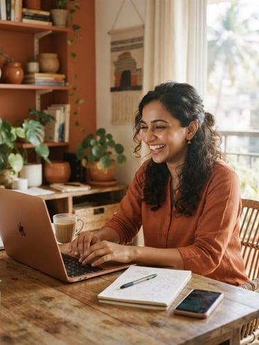 Warm editorial photography of a Mumbai woman entrepreneur working from a bright, sunlit home office with terracotta accents, smiling, 35mm lens.