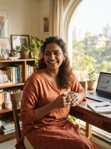 A warm editorial portrait of a smiling Indian woman entrepreneur in her bright, sunlit Mumbai home office, holding a cup of coffee, soft natural daylight, 35mm lens