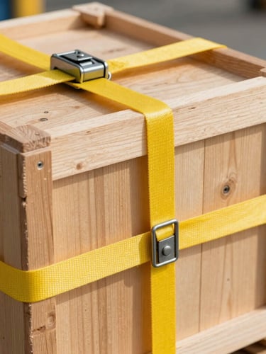 A close-up shot of a heavy-duty wooden shipping crate being secured with bright yellow tension straps and steel buckles, bright daylight illuminating the wood grain and the metallic fasteners, industrial-clean setting.