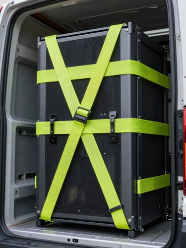 Macro shot of heavy-duty tension straps securing a server rack inside a clean, modern transport vehicle, bright high-visibility lighting.