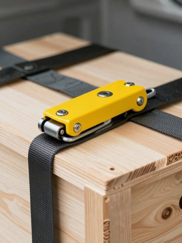 Macro shot of heavy-duty tension straps securing a custom wooden crate inside a clean transport vehicle, sharp focus on the yellow ratchet mechanism, bright industrial lighting
