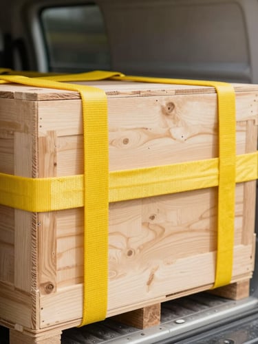 Macro shot of heavy-duty yellow tension straps securing a wooden crate inside a clean transport vehicle, bright daylight, industrial focus.