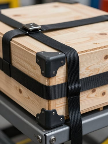 Macro close-up of heavy-duty tension straps and corner protectors securing a wooden crate on a hydraulic lift gate, bright utility lighting.