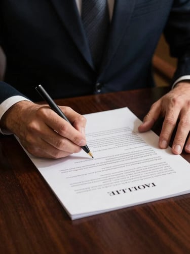 Close-up of hands signing legal documents on a dark mahogany desk, focused warm light, deep shadows, professional and solemn atmosphere