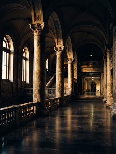 Dramatic low-key legal architecture, marble pillars of a courthouse in deep navy shadows, golden-hour window light reflecting on polished stone, wide angle 35mm