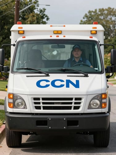 Straight-on eye-level documentary shot of a CCN Internet technician in a branded utility truck parked on a residential suburban street, natural midday light.