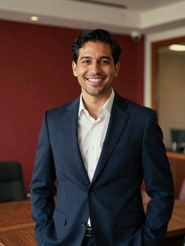 Authentic portrait of a friendly, professional insurance agent, mid-shot, smiling confidently, in a modern, warm-lit office setting, rich navy and crimson tones, authentic 35mm film style.