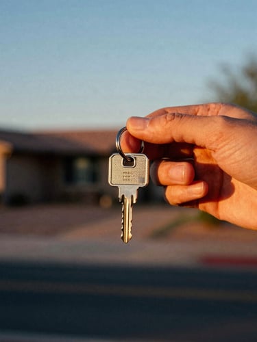 Close-up, warm golden-hour shot of a hand holding a house key, with a blurred Arizona home and desert landscape in the background, authentic 35mm film style.