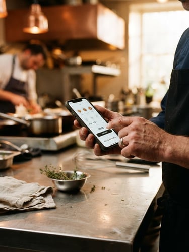 A close-up 35mm shot of a chef's hands using a mobile device displaying a clean interface, set against a stainless steel prep table in a warm, high-contrast kitchen environment.