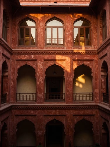 Warm editorial photography of an elegant hotel courtyard in Lahore, golden-hour window light, rich deep tones, architectural interior, 35mm