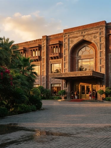 An elegant architectural exterior of a premium hotel in Lahore, warm golden-hour sunlight casting long shadows across a clean driveway, deep green foliage, 35mm photography