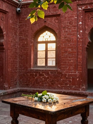 Warm environmental shot of a traditional red-brick courtyard in Lahore, golden-hour sunlight filtering through leaves, fresh jasmine on a wooden table, 35mm
