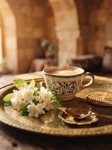 Elegant close-up of fresh jasmine flowers and a warm cup of traditional Pakistani chai on a polished brass tray, soft golden-hour window light, editorial 35mm