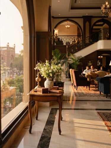 Warm environmental photography of an elegant hotel lobby in Lahore, golden-hour window light reflecting on polished marble, fresh jasmine on a side table, 35mm