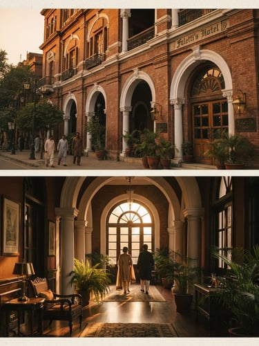 Warm editorial photography, golden-hour window light, rich deep tones, architectural exterior of a colonial-era brick hotel facade on Mall Road in Lahore, 35mm