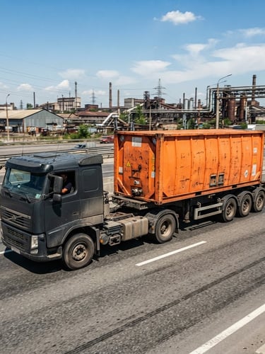 Wide environmental shot of a heavy-duty delivery truck in motion under bright midday sun, safety-orange steel container loaded, high-contrast industrial textures.