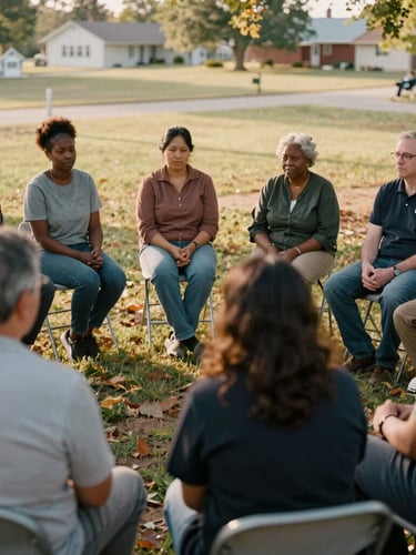 Warm documentary photography of a diverse group of Indiana community members sitting in a collaborative circle, soft natural golden-hour light, rich earthy tones, candid 35mm film style.