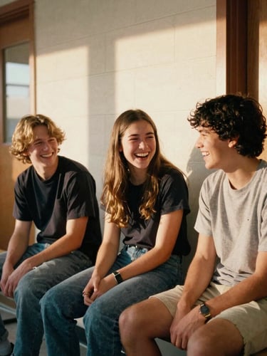 A warm portrait of three high school students sitting together on a bench in a sunlit Indiana classroom corridor, laughing candidly, natural golden-hour light, 35mm film style