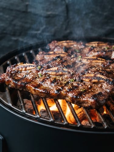Sleek close-up of premium LA Galbi beef short ribs grilling on a modern, clean charcoal grill, warm amber embers glowing below, dark slate background, professional culinary photography, high-end editorial style, 35mm