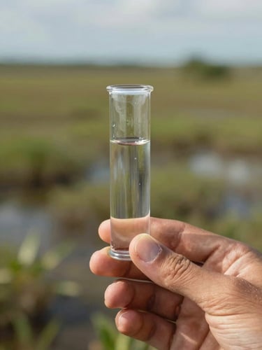 Macro shot of a glass water sample vial held by hands in field gear, bright high-contrast natural daylight, expansive Alagoas estuarine lagoon in the blurred background.