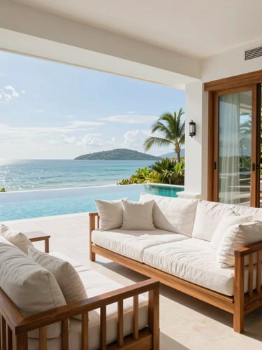 Luminous, sun-drenched luxury villa interior in Koh Samui, pristine linen sofas, teakwood details, sparkling clean glass reflecting the ocean coastline, bright daylight, 35mm editorial.