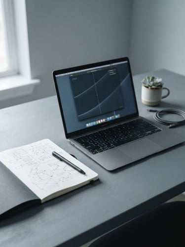 Minimalist organized desk with a sleek laptop and a notebook showing structured diagrams, soft overcast daylight, cool slate tones, clean composition, 35mm