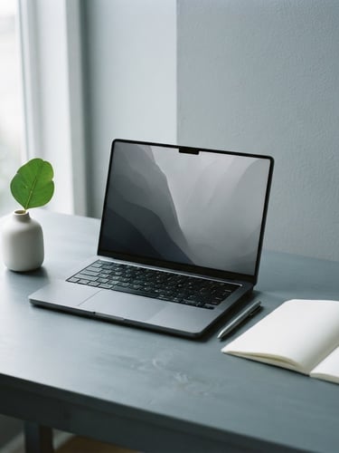 Minimalist organized workspace with a high-end laptop, a clean notebook, and a single green leaf in a ceramic vase, soft overcast natural light, cool slate tones, 35mm