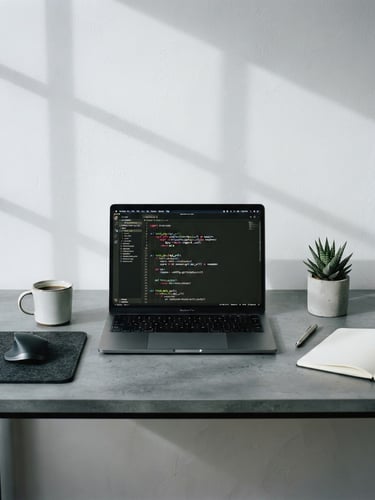 Minimalist slate grey desk with a modern laptop showing clean code, soft overcast daylight, architectural shadows, 35mm