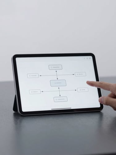 Minimalist desk with a tablet displaying a clean flow chart, hands pointing to a system node, soft overcast daylight, cool slate tones, 35mm