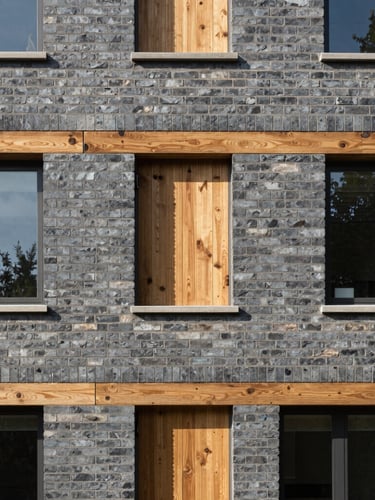Clean architectural crop of a residential brick facade, soft natural daylight, slate and warm wood tones, editorial composition