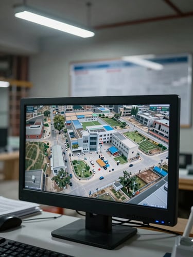 Wide-angle view inside a construction site compound, security camera feed displayed on a monitor in the foreground, site plan pinned to a board in the background, cool overhead fluorescent lighting, documentary detail
