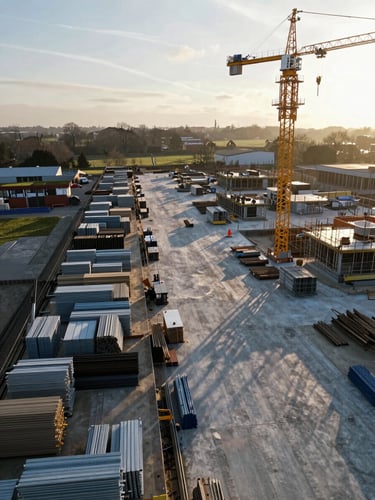 Wide drone perspective of an active UK construction site at dawn — materials stacked in ordered rows along the left edge, a tower crane visible in the right third, pale morning light casting long shadows across the concrete slab, no workers in frame, the site geometry reading as deliberate and controlled