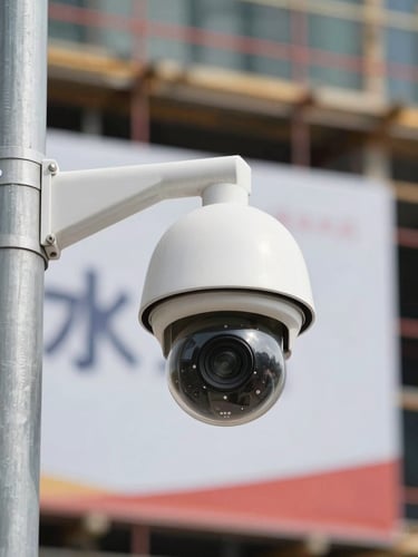 Close-up of a CCTV dome camera mounted on a steel pole, construction hoarding visible in the background, natural daylight, shallow depth of field, documentary framing