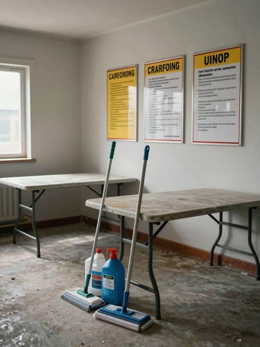 Interior of a construction site welfare unit, folding tables and safety notice boards on the wall, mop and cleaning supplies staged neatly in the foreground, natural light through a small window, documentary style