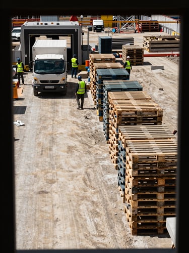 Wide documentary shot of an active construction site at midday, materials pallets stacked in ordered rows on the right, a logistics vehicle reversing toward a loading bay, workers in high-vis vests directing movement, dusty concrete ground, natural harsh daylight, framed from ground level showing site scale