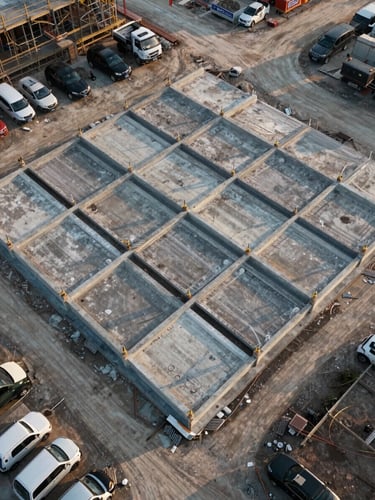 Overhead drone perspective of a construction site at dawn, concrete foundations laid in geometric grid pattern, site vehicles parked at perimeter, long shadows stretching across the ground, no workers visible, documentary stillness